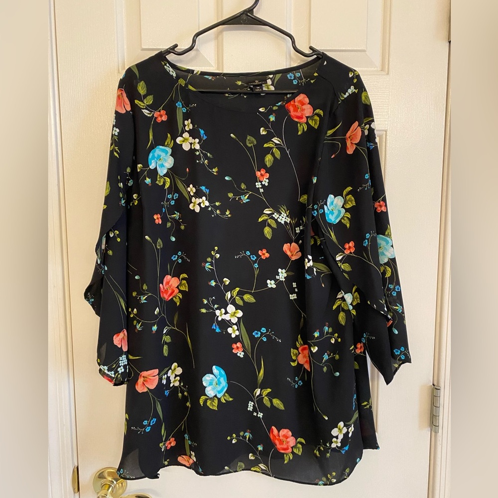 Sheer Floral 3/4 Flutter Sleeve with Boatneck Blouse